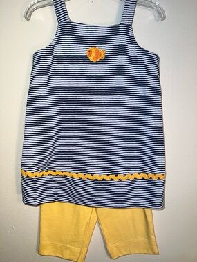 Vintage Striped Navy & White Tank with Yellow Fish Applique and yellow Capris